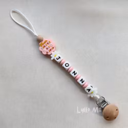 Pacifier holder with name BLOOM Som Pink / WHITE (max 5 letters can fit on this design)