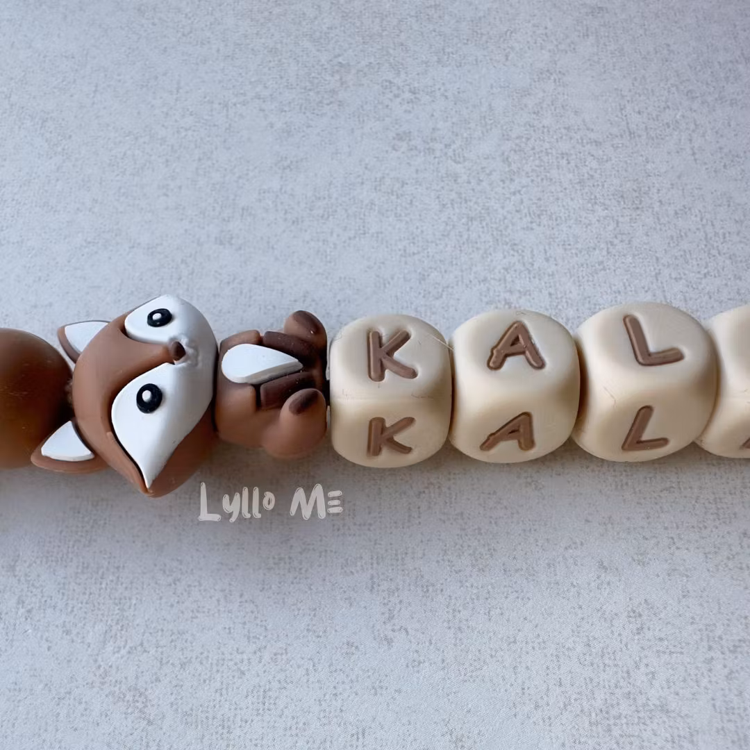 Pacifier holder with name FOX Light Brown /WHEAT