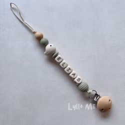 Pacifier holder with name - LITTLE BIRD- Cream -light old green/ Cream