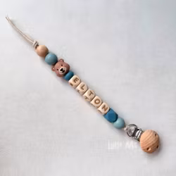 Pacifier holder with name - Little Bear - Arctic Blue/ WHEAT