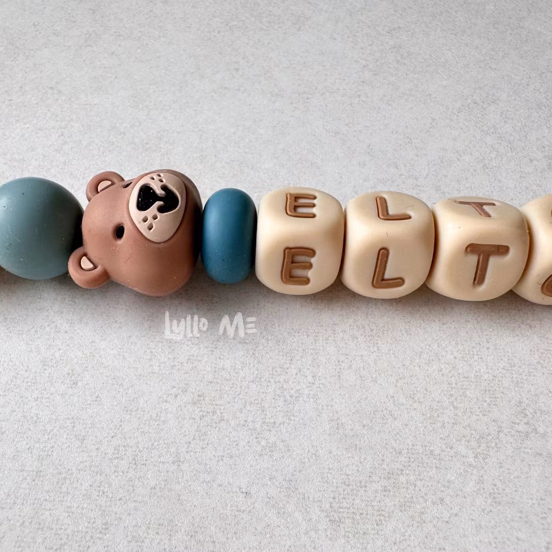 Pacifier holder with name - Little Bear - Arctic Blue/ WHEAT