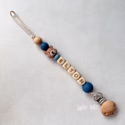 Pacifier holder with name - Little Bear - Flannel Blue/ WHEAT