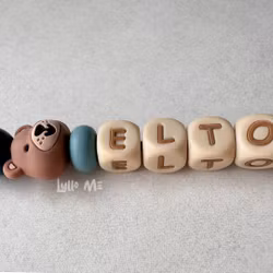 Pacifier holder with name - Little Bear - Flannel Blue/ WHEAT