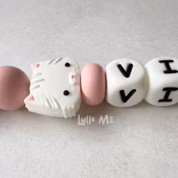 Pacifier holder with name Cat White/ Light pink / WHITE
