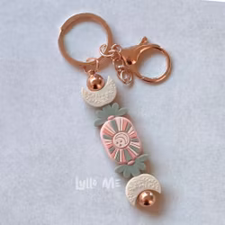 KEY RING -Crescent Moon Laurel Green / Ivory-ROSÉ GOLD