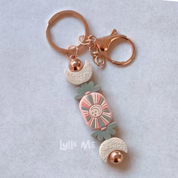 KEY RING -Crescent Moon Laurel Green / Ivory-ROSÉ GOLD