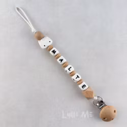 Pacifier holder with name Cat White/ Wood / WHITE (max 5 letters)