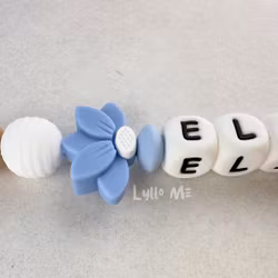 Pacifier holder with name - HALF DAISY CORNFLOWER (max 5 letters) with SILICONE CLIPS