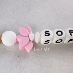 Pacifier holder with name - HALF DAISY BABY PINK (max 5 letters) with SILICONE CLIPS