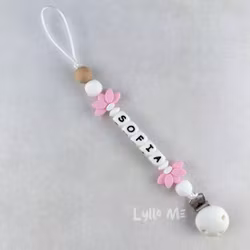 Pacifier holder with name - HALF DAISY BABY PINK (max 5 letters) with SILICONE CLIPS