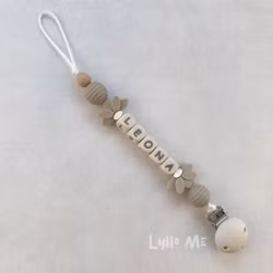 Pacifier holder with name - HALF DAISY TAUPE (max 5 letters) with SILICONE CLIPS