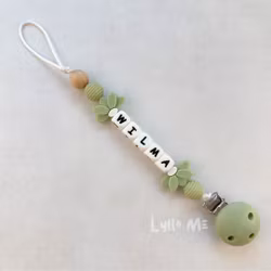 Pacifier holder with name - HALF DAISY GREEN (max 5 letters) with SILICONE CLIPS