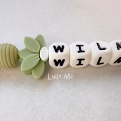 Pacifier holder with name - HALF DAISY GREEN (max 5 letters) with SILICONE CLIPS