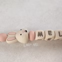 Pacifier holder with name BUNNY round - Light Old Pink / CREAM