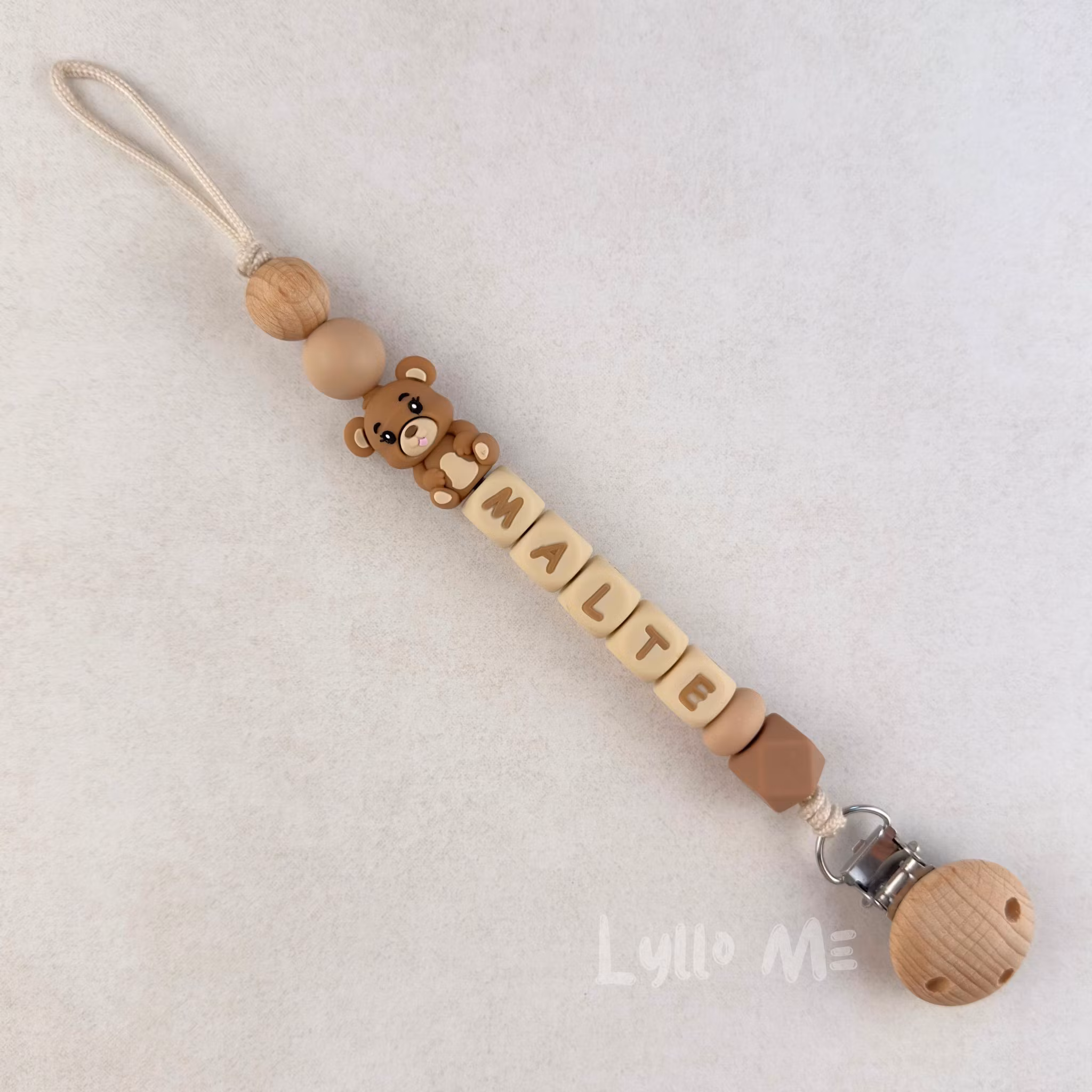 Pacifier holder with name NALLE Light Brown /WHEAT