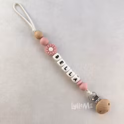 Pacifier holder with wooden clip with name DAISY Blossom /WHITE