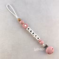 Pacifier holder with silicone clips with name DAISY Blossom / WHITE