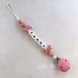 Pacifier holder with Silicone Clips with name - HALF DAISY ROSE (max 5 letters) with SILICONE CLIPS