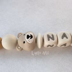 Pacifier holder with name - Little Bear - BEIGE / CREAM