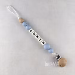 Pacifier holder with name Light Powder blue with speckles /WHITE