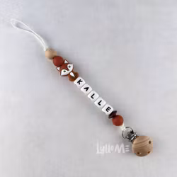 Pacifier holder with name -FOX Rust Brown / WHITE