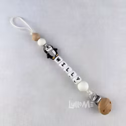 Pacifier holder with name Penguin walking scarf / WHITE
