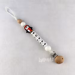 Pacifier holder with name Penguin red scarf / WHITE