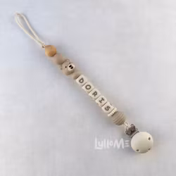 Pacifier holder with Silicone clip with name LITTLE BEAR Beige /CREAM