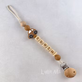 Pacifier holder with name -CAR BROWN / WHEAT
