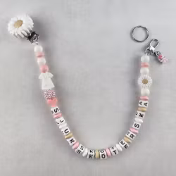 ID CARD/ KEY HOLDER with OPTIONAL TEXT with bling - DAISY CLIPS WHITE (PINK DRESS) white out of stock right now