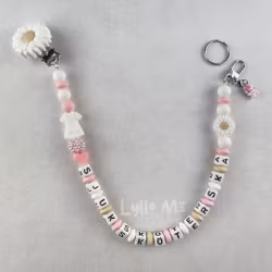 ID CARD/ KEY HOLDER with OPTIONAL TEXT with bling - DAISY CLIPS WHITE (PINK DRESS) white out of stock right now