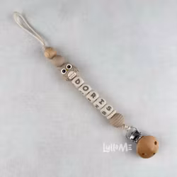 Pacifier holder with name - OWL- BEIGE / CREAM