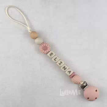 Napphållare med silikonclips och namn DAISY LIGHT OLD PINK / CREAM
