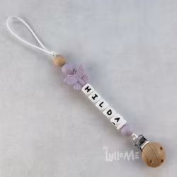 Pacifier holder with name Butterfly Dusty Lilac /WHITE