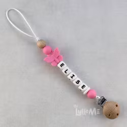 Pacifier holder with name Butterfly Cotton Candy Pink /WHITE