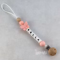 Pacifier holder with name Butterfly Soft Pink /WHITE