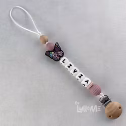 Pacifier holder with name Butterfly Cotton Candy Pink /WHITE