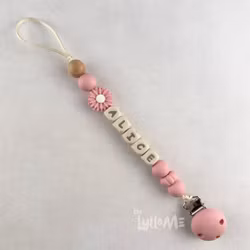 Pacifier holder with silicone clip with name DAISY Blossom / CREAM