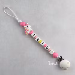 Pacifier holder with silicone clip with name UNICORN / WHITE (max 5 letters)