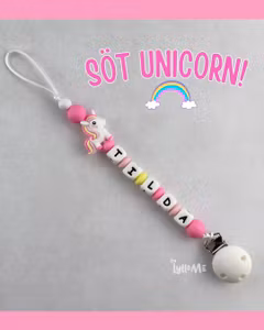 Pacifier holder with silicone clip with name UNICORN / WHITE (max 5 letters)