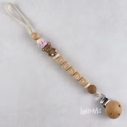 Pacifier holder with name - TEDDY -Crown Lilac / OATMEAL
