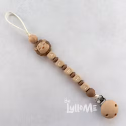 Pacifier holder with silicone clip and name –Leo the Lion - Wood / Brownie/OATMEAL