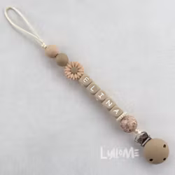 Copy Pacifier Holder with Silicone Clip and Name Daisy Burgundy rose / WHEAT