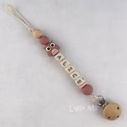Pacifier holder with name - OWL- ROUGE / CREAM