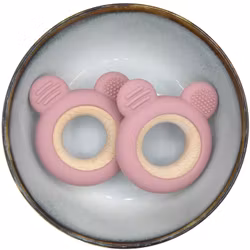 SILICONE AND WOOD BITE FIGURE -Bear with Wood - Cream