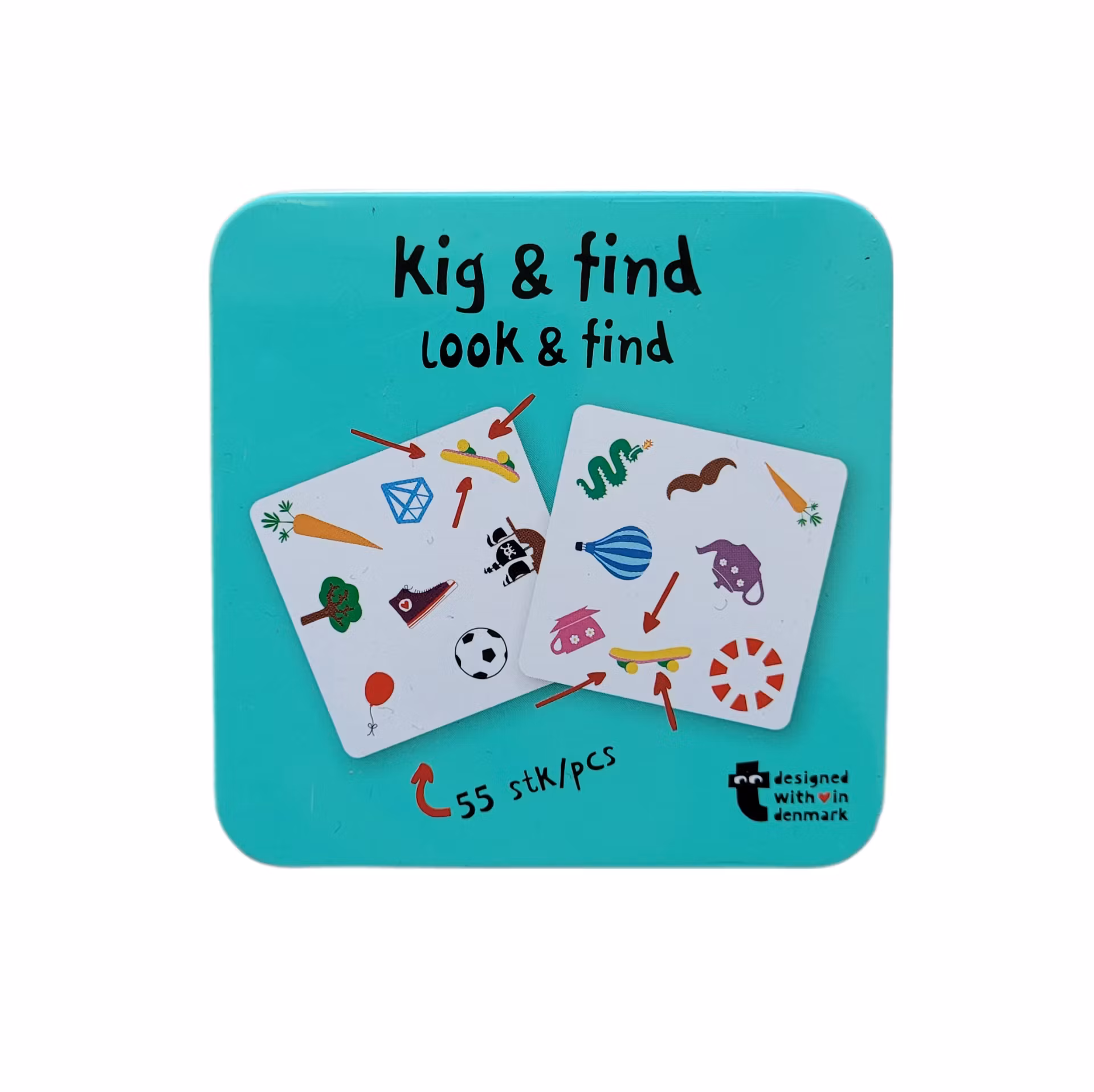 Sök och finn, kortspel i plåtask, skick A