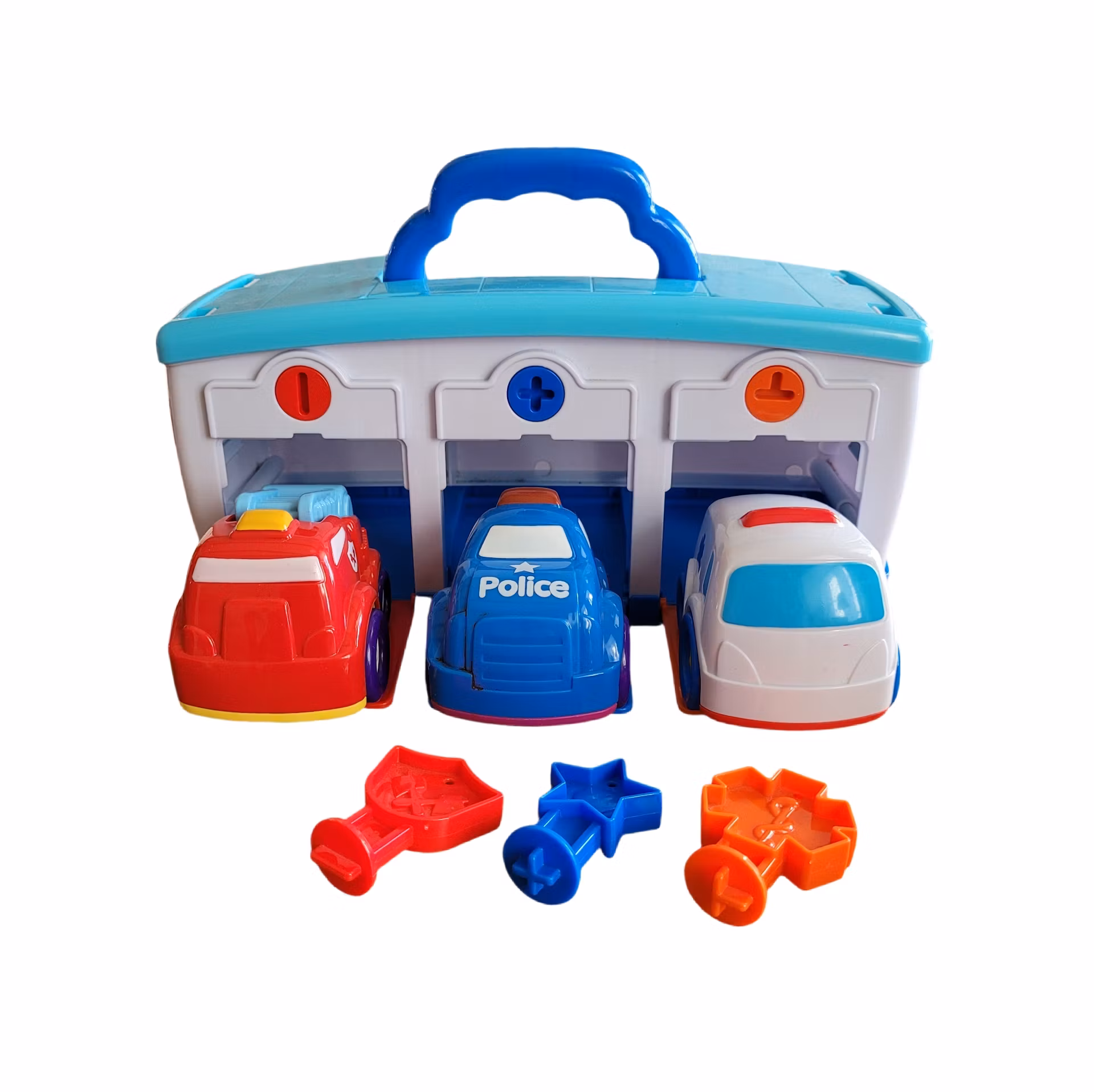 Bilgarage med bilar och nycklar, skick B