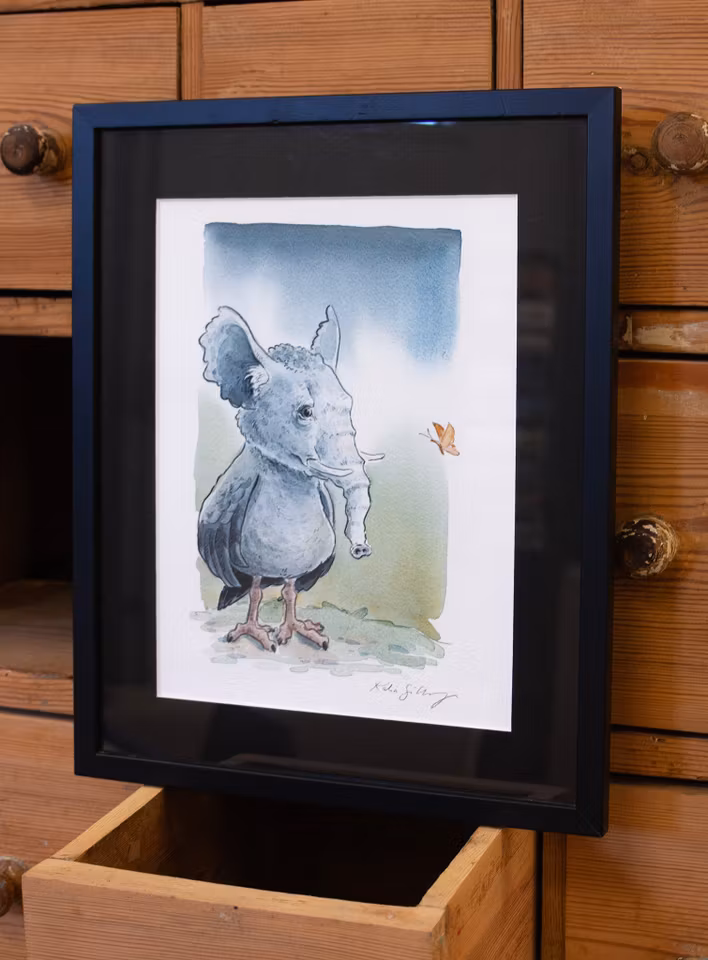 Akvarellkonstverk elefant fågel