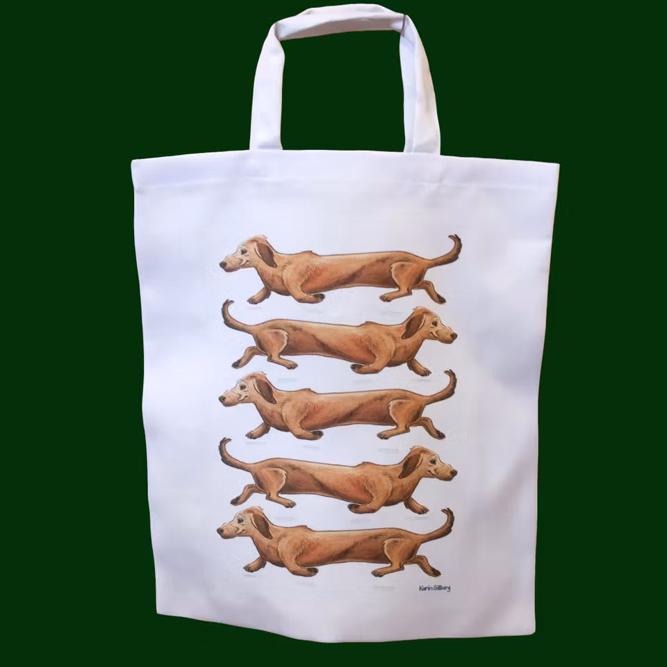 Tygkasse med fem taxar, en bra kasse att ha med i resväskan.