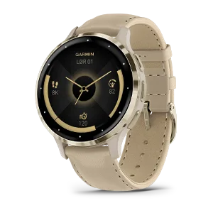 Garmin Venu® 3S Ramme i rustfritt stål og fargen Soft Gold med urkasse, skinnrem i fargen French Gray og ekstra gummirem